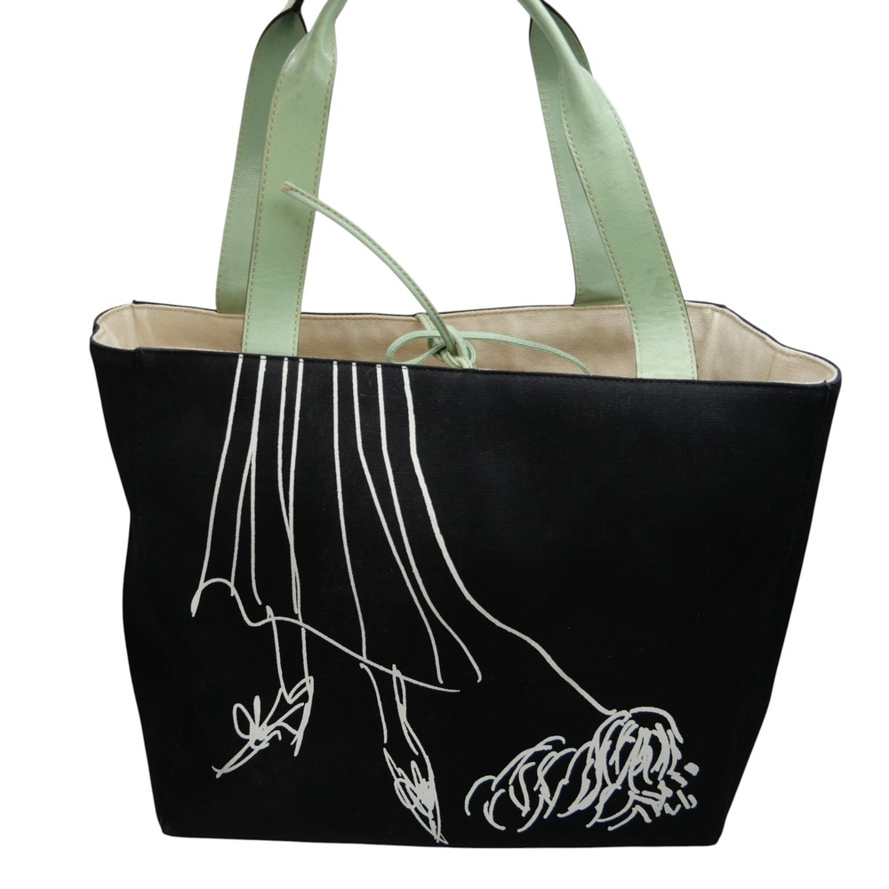 Kate Spade Maira Kalman Walk the Dog Black Canvas Tote Bag Mint Green Y2K